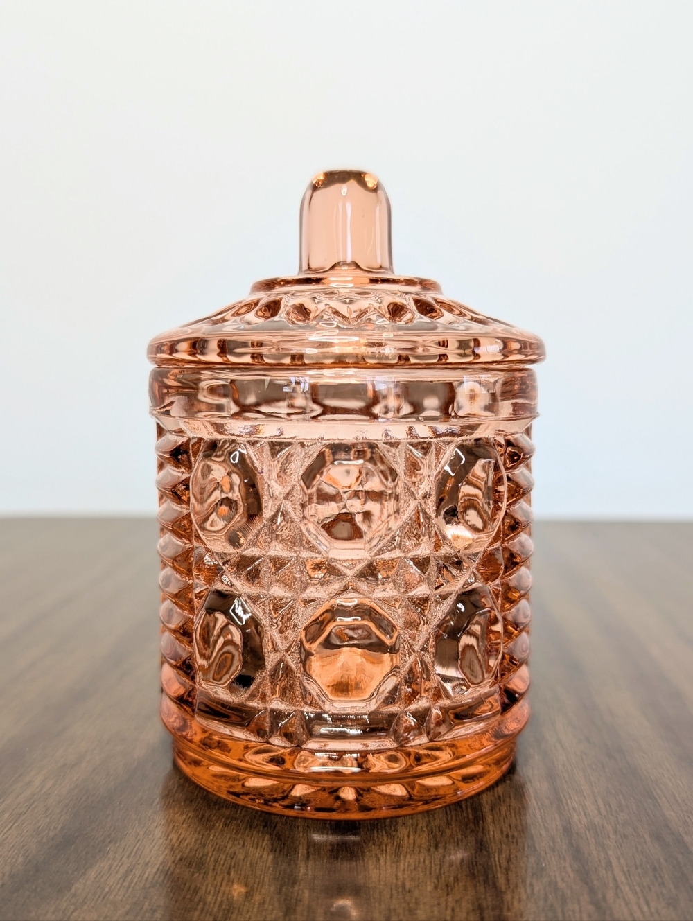Vintage Windsor Pattern By Indiana Peachy Rose Pink Glass Honey Jam Jar With Lid